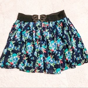 Navy Floral Mini Skirt with Attached Bow Belt